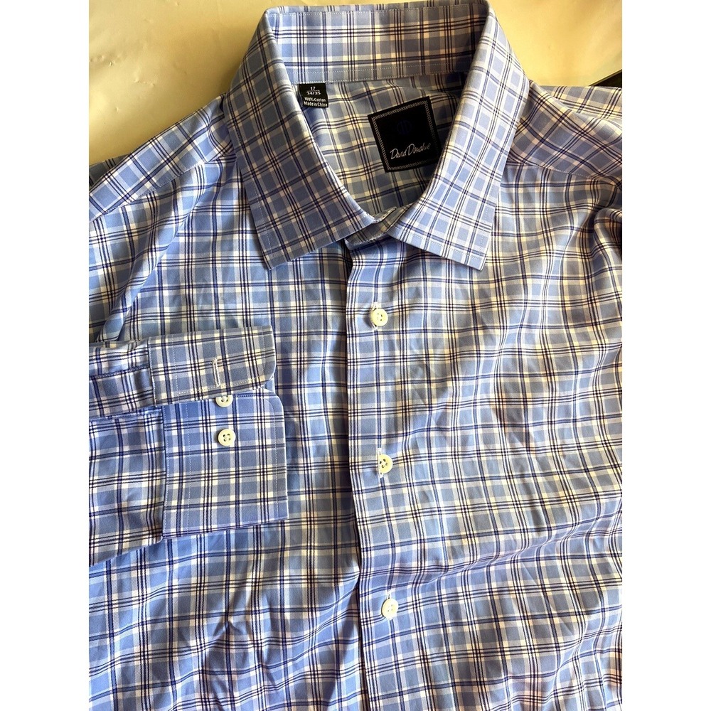 Men's David Donahue Blue Plaid Long Sleeve Button Down Dress Shirt-Size 17 34/35